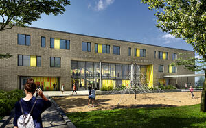Bild vergr&ouml;&szlig;ern: Zu sehen ist der Neubau des Gymnasiums am Mühlenberg in der Fertigstellung. Das Gebäude ist zweigeschossig, helle Fassade, viele Fenster.